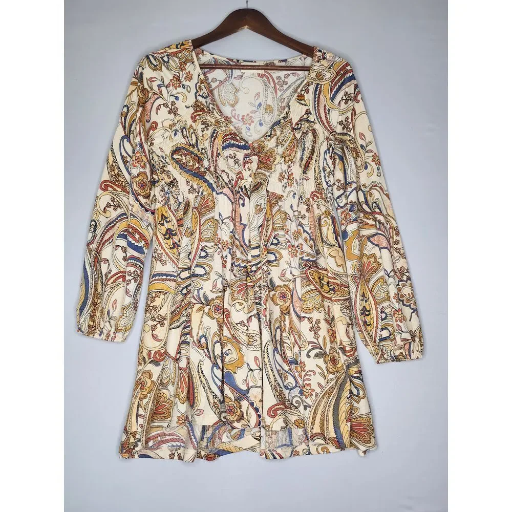 Melloday Anthropologie Mini Dress Paisley Small‎ Boho Style Long sleeve popover